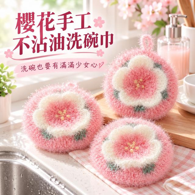 預購 少女心爆棚｜手工櫻花造型不易沾油洗碗巾【1組3入】-9/29下午3點收單