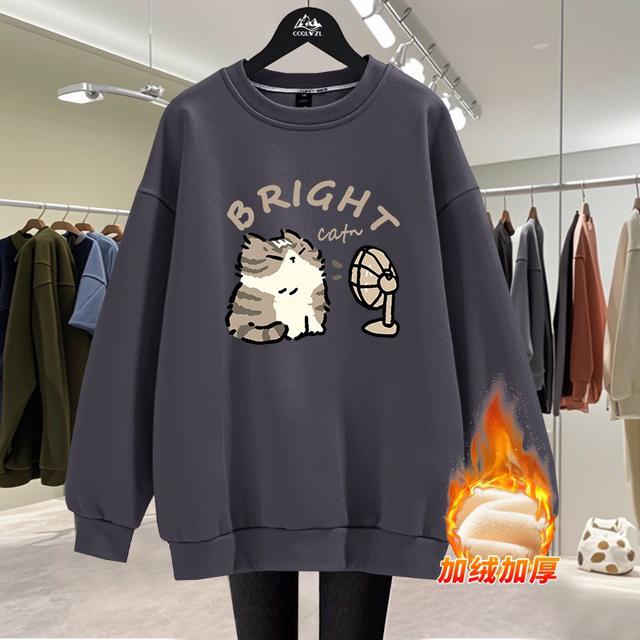 可愛貓咪寬鬆圓領加絨衛衣上衣