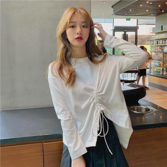 G00542 顯瘦T恤女長袖不規則抽繩褶皺套頭上衣ins潮