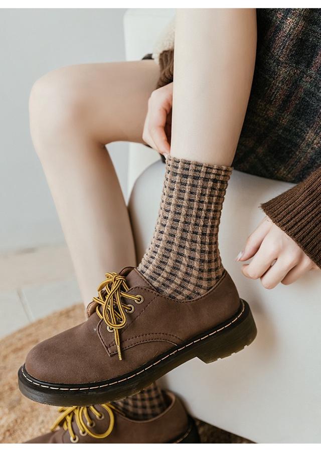 預購 韓系立體格子拼色中筒襪【一組5雙(五色各1)、缺色隨機】-1/27下午3點收單