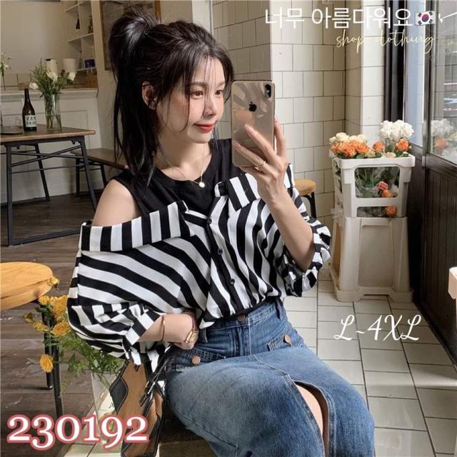 【預購】【0319結單】【批發】條紋假兩件露肩上衣 230192