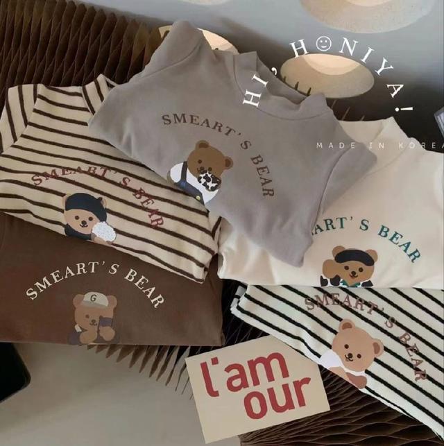 K1480-冬季兒童半高領熊熊印花保暖長袖Ｔ