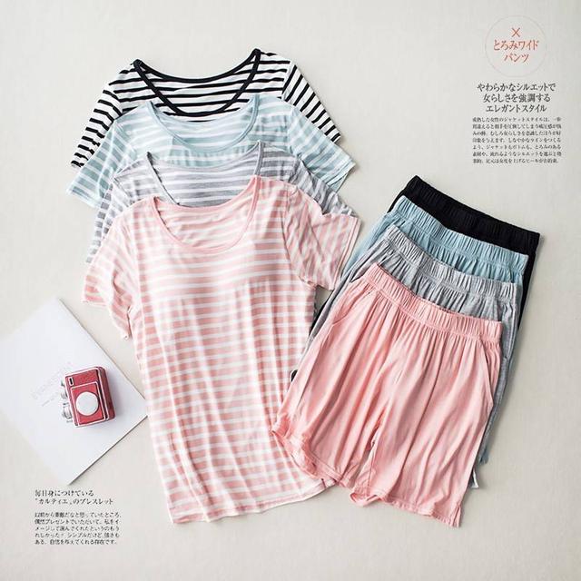 【預購】【0413結單】【批發】莫代爾棉-條紋胸墊短袖居家服
