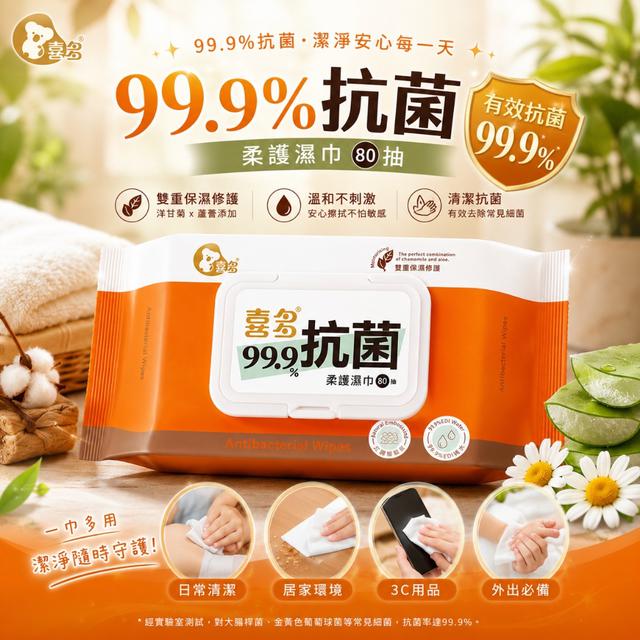 預購 優生 喜多 99%抗菌濕巾 加蓋款 80抽《一組3包》-9/2號中午12點結單