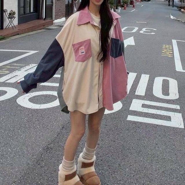 燈芯絨撞色拼接長版衫(預購)