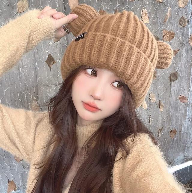 B473-熊熊耳朵保暖加厚粗針織毛帽