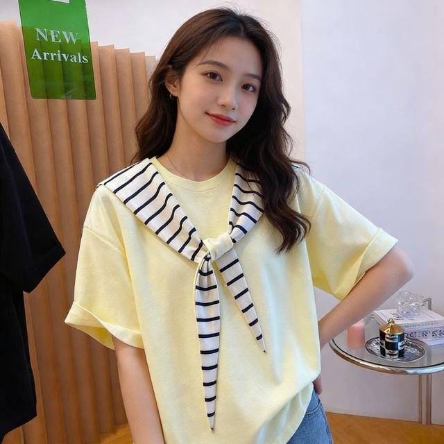 韓版大碼條紋披肩拚色連帽短袖上衣(預購)
