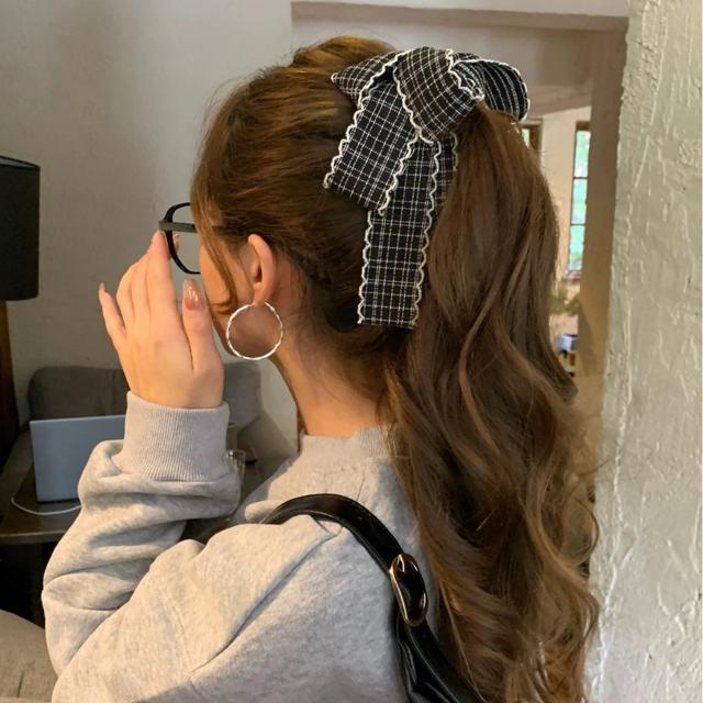 韓系格紋蝴蝶結高馬尾香蕉夾