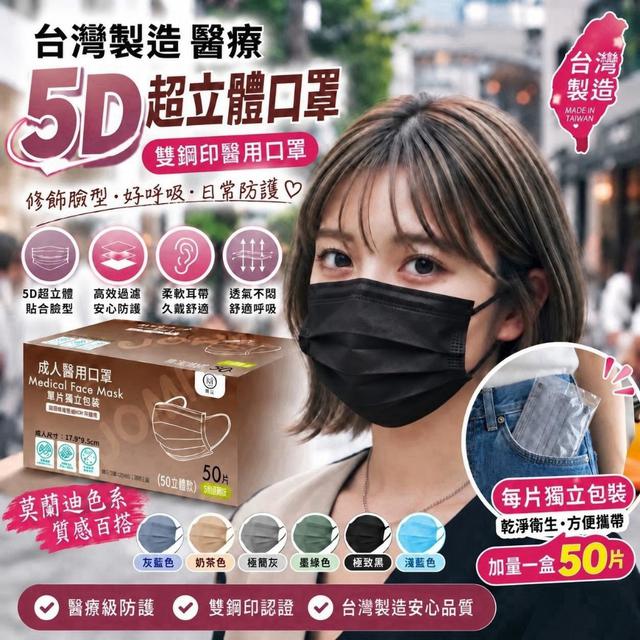 預購 MIT 台灣製 益健生醫 雙鋼印 成人醫用口罩 5D滿版穿搭系(50片)《同色一組4盒》