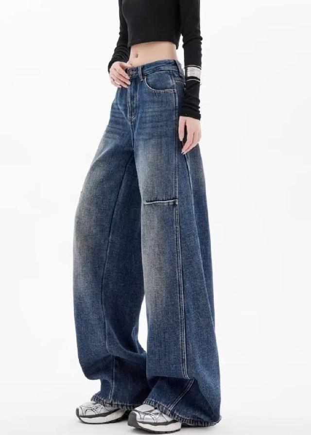 K1539-韓式寬鬆破洞牛仔拖地褲彎刀褲