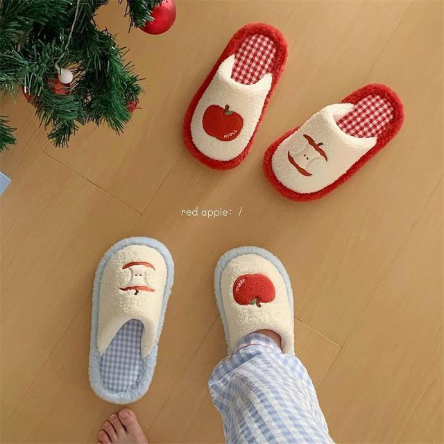 ins可愛紅蘋果冬季毛毛保暖拖鞋(預購)