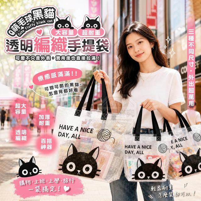 【預購商品】【0529結單】【批發】Q萌毛球黑貓大容量耐重透明編織手提袋3入 260527-16