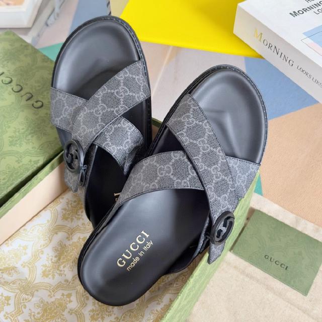 2024Gucci 古奇 夏季新款 双G 老花 夹脚 一字拖 交叉凉鞋 厚底 拖鞋 沙滩鞋