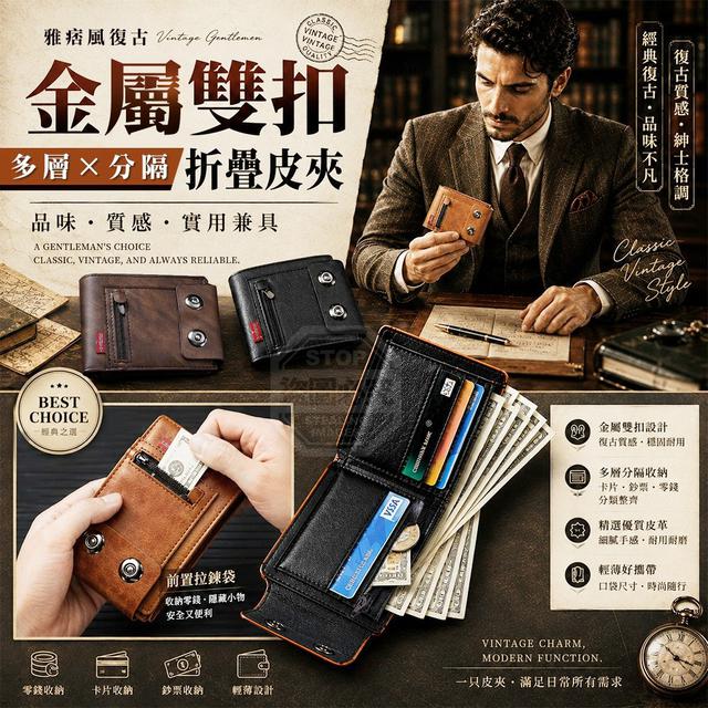 【預購商品】【0922結單】【批發】雅痞風 復古金屬雙扣多層分隔折疊皮夾 260916-08