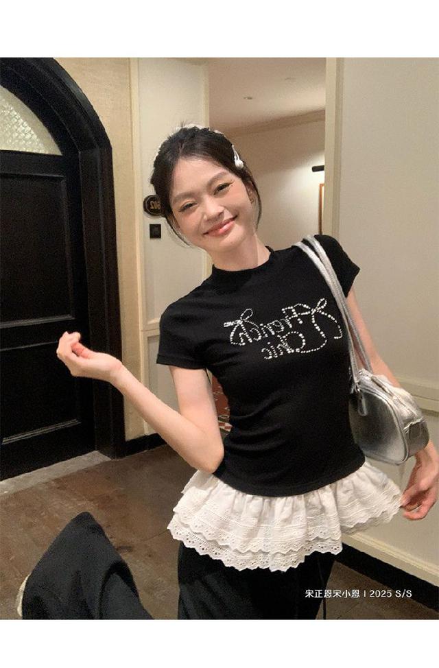蝴蝶结烫钻花边黑色短袖t恤