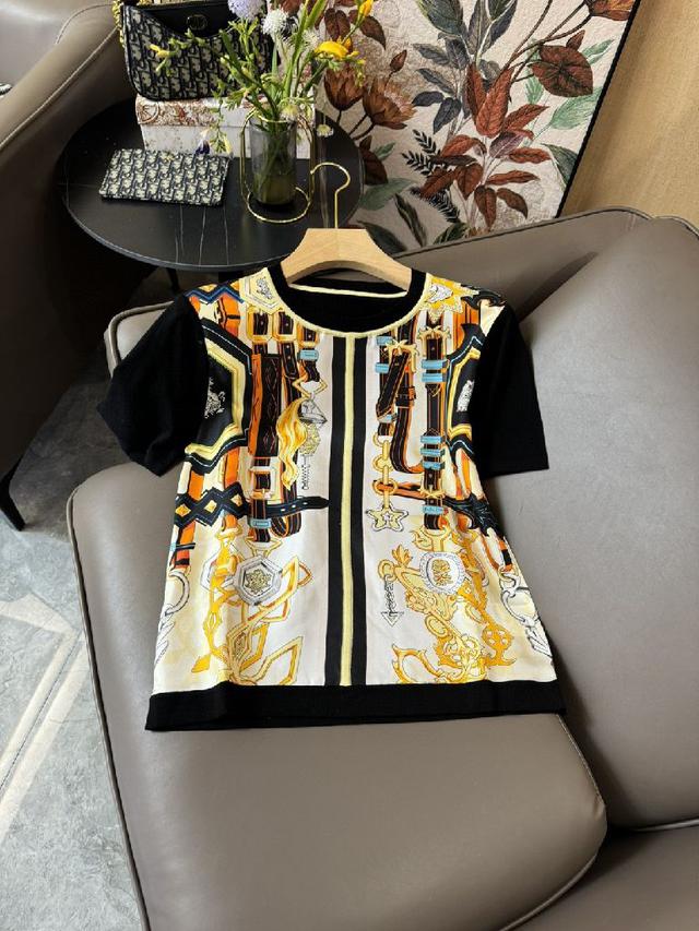 H 家 爱马仕 印花 100%真丝定位印花 拼羊毛针织衫 短袖 黑色 橙色 SMLXL