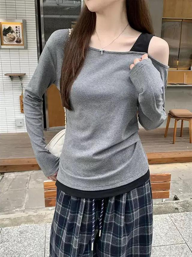 【預購商品】【1215結單】【批發】假兩件斜肩露肩修身上衣 251213-04