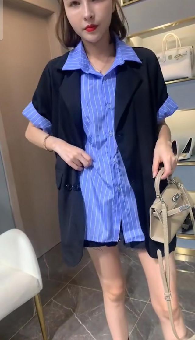 2020夏季新款时尚韩版女装宽松显瘦西装外套+条纹衬衫两件套套装