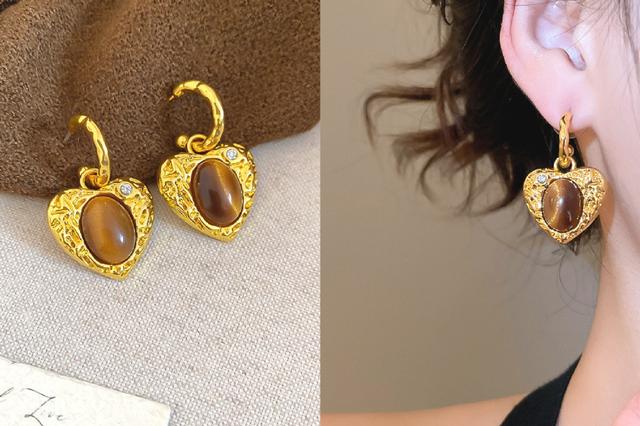 [韓國飾品連線] 正韓S925純銀 美拉德虎眼石愛心吊墜C形耳圈 📍韓國連線預購收單日：4/19