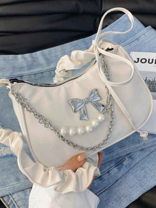 褶皺小眾百搭斜挎珍珠鏈條腋下單肩包