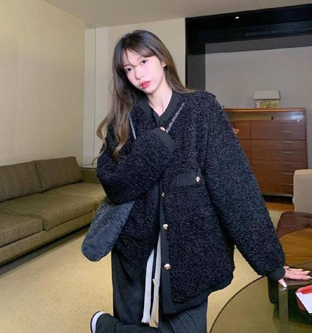 K1524-韓國小香風高級感羊羔毛加厚外套