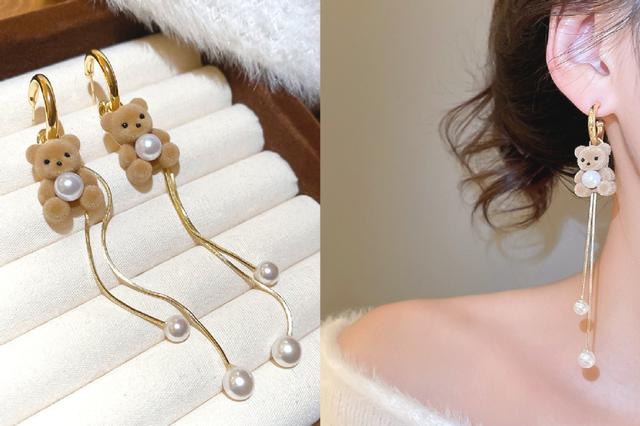[韓國飾品連線] 正韓S925純銀 可愛氣質植絨小熊珍珠流蘇C形耳圈 📍收單日：4/19