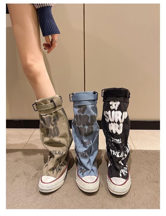 小眾設計塗鴉皮带扣高幫板鞋堆堆靴#長期商品