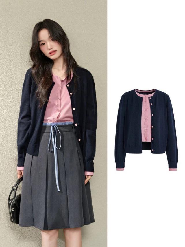 【預購商品】【0929結單】【批發】藏青拼粉 假兩件針織開衫 250926-02