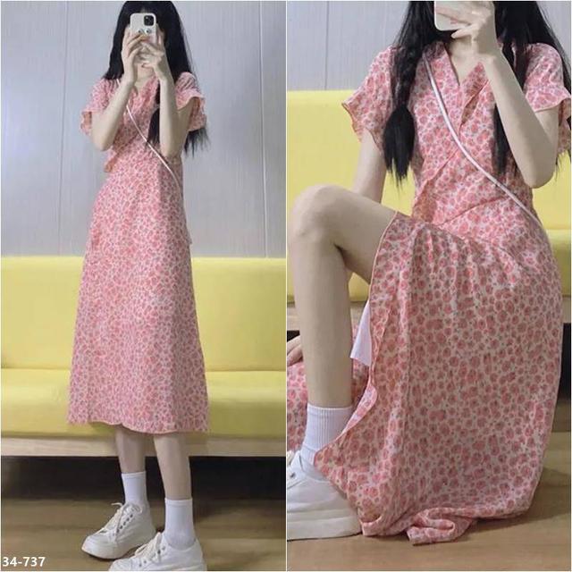 【預購】【0719結單】【批發】夏季甜美-薔薇碎花V領短袖連衣裙 737