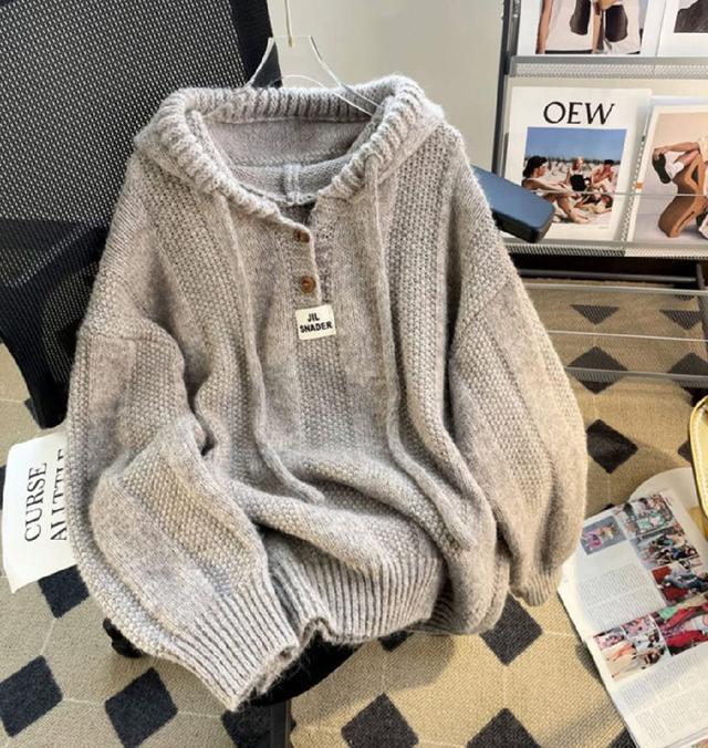 K1516-韓國慵懶風軟糯寬鬆連帽針織毛衣