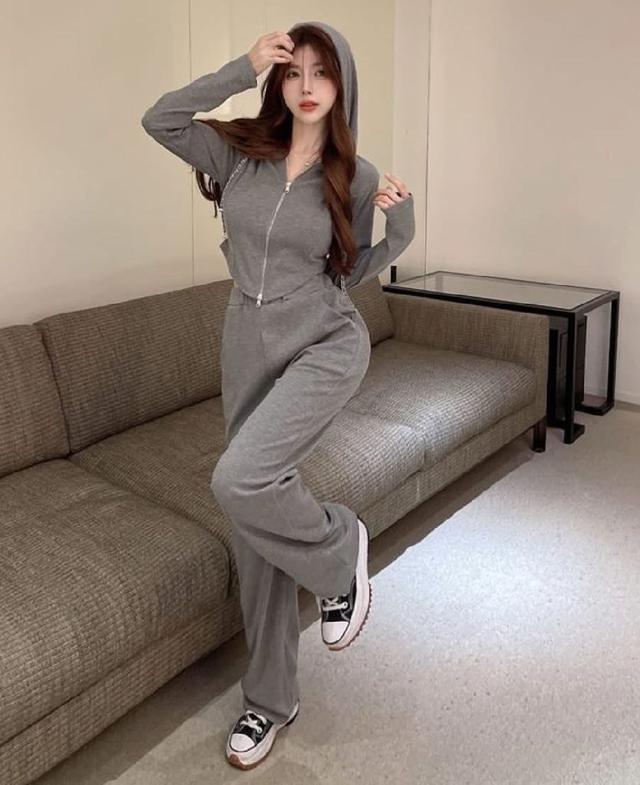 K1412-韓國細螺紋連帽外套＋闊腿長褲套裝