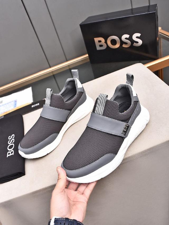 最新Boss男士休闲运动鞋，头层牛皮接拼，纯棉透气网里不闷脚