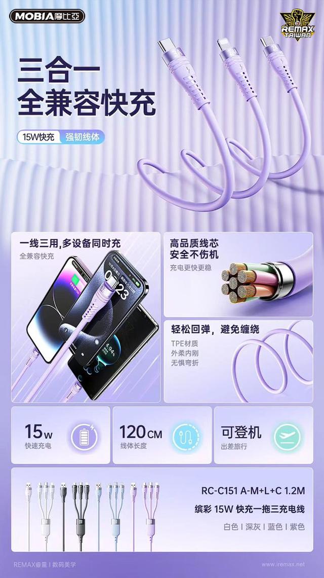 【預購】【1201結單】【批發】繽彩15W-快充一拖三充電線1.2M