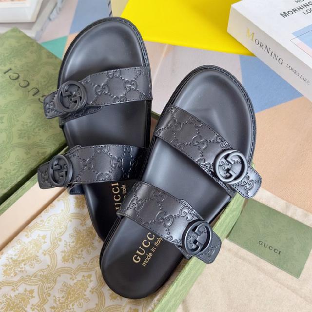2024Gucci 古奇 夏季新款 双G 老花 夹脚 一字拖 交叉凉鞋 厚底 拖鞋 沙滩鞋