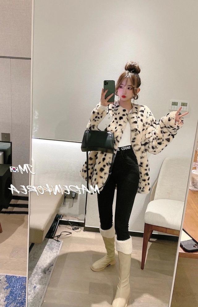 新款长袖温柔风宽松毛毛外套女新品韩版豹纹兔毛气质轻熟女