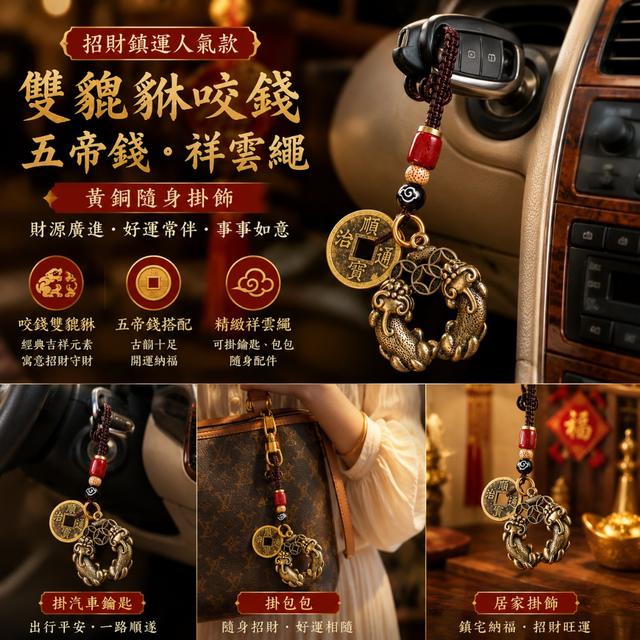 五帝錢祥雲繩招財黃銅鑰匙扣-9/8下午3點收單