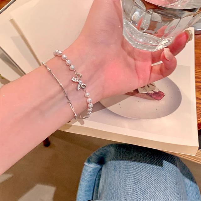 【長期團2025】【預購商品】【批發】韓系氣質雙層疊戴蝴蝶結珍珠手鍊 35-85767