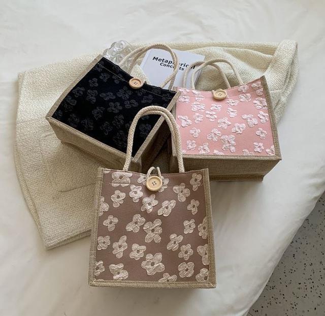 ins新款時尚清新花花亞麻手提袋(預購)