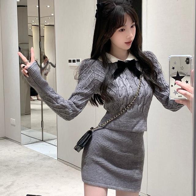 《預購》ins秋冬新款甜美風蝴蝶結🎀復古時尚針織半身裙兩件套