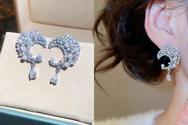 [韓國飾品連線] 正韓S925純銀 優雅輕奢鋯石月亮珍珠耳環 📍韓國連線預購收單日：4/19