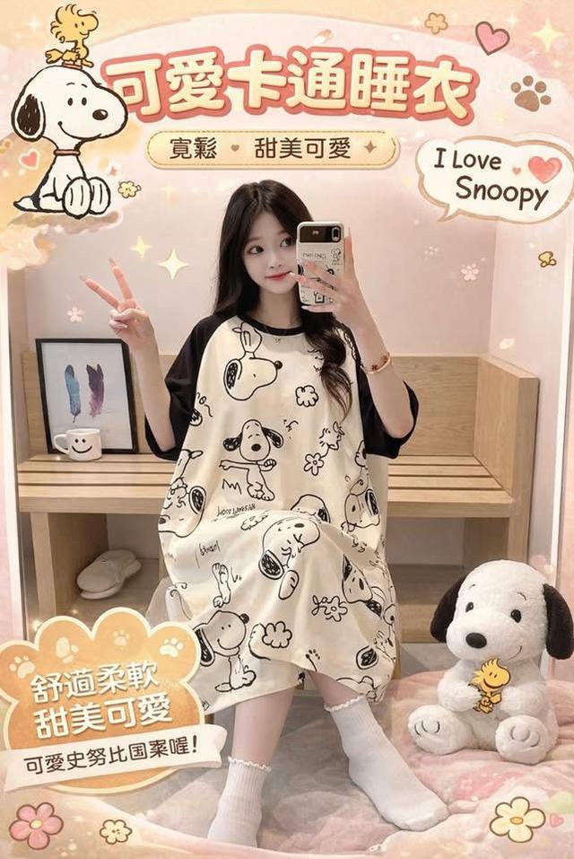 K1549-卡通牛奶絲短袖寬鬆連身居家衣睡衣裙