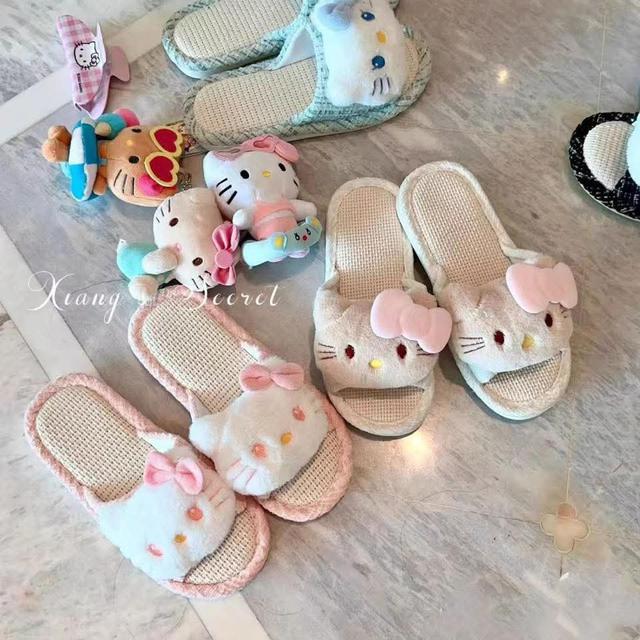 日系可愛亞麻KT布藝涼席拖鞋