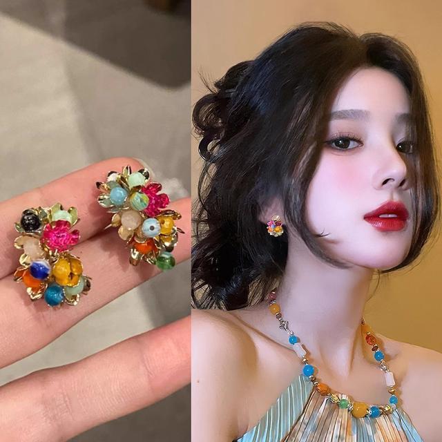 【長期團2026】【預購商品】【批發】韓系氣質彩色串珠花朵 925銀針耳環86763