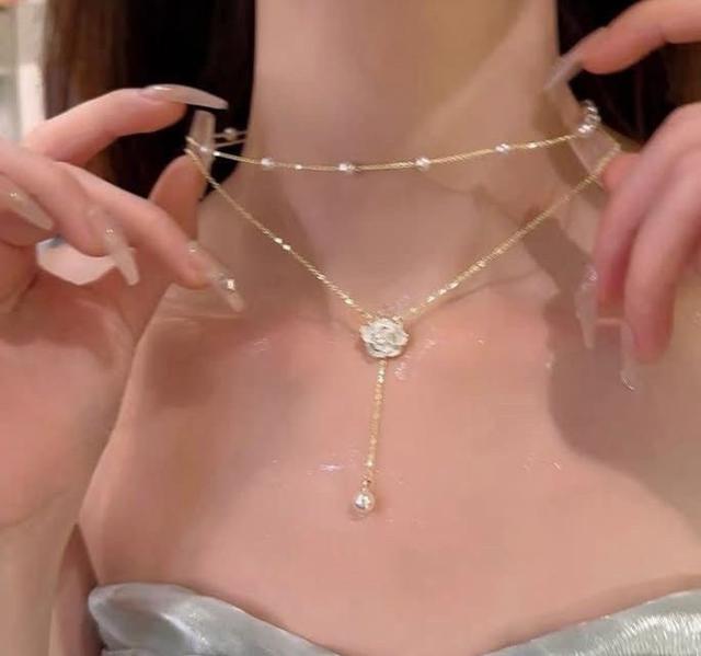 H673-小香Chanel山茶花珍珠雙層項鍊禮盒