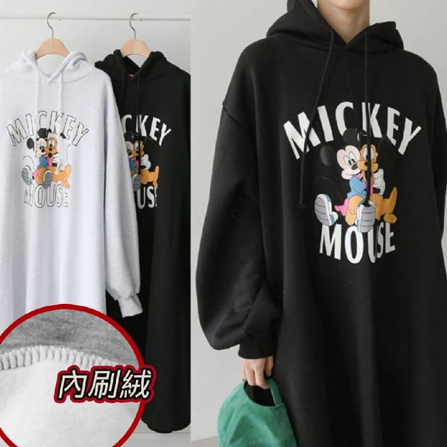 K1465-韓版寬鬆米奇連帽長版衣連衣裙