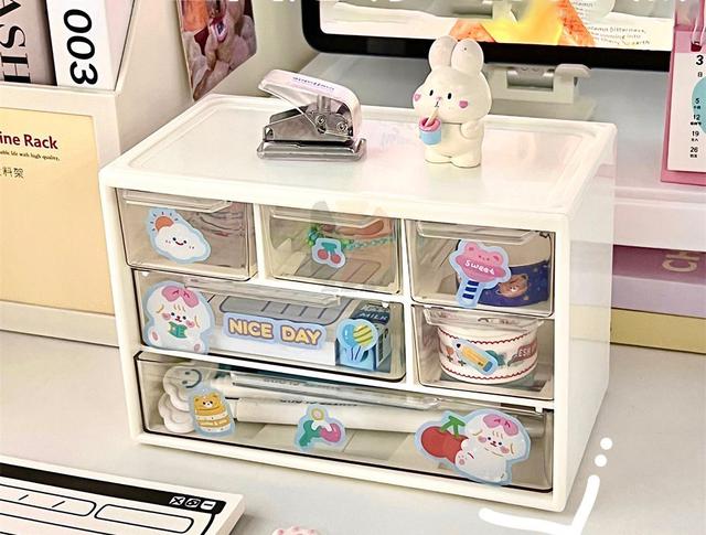 代購 ins風桌面六格抽屜盒 桌面抽屜式收納盒學生書桌透明置物架化妝品文具整理神器 - 贈裝飾貼紙
