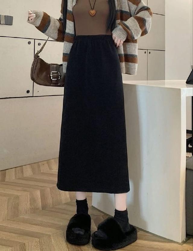 K1502-燈芯絨高腰加絨加厚開衩半身裙長裙