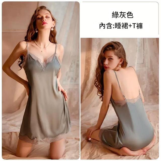 韓國 蕾絲誘惑性感睡衣冰絲薄款細帶裙 （含T褲=丁字褲）#隨時結單