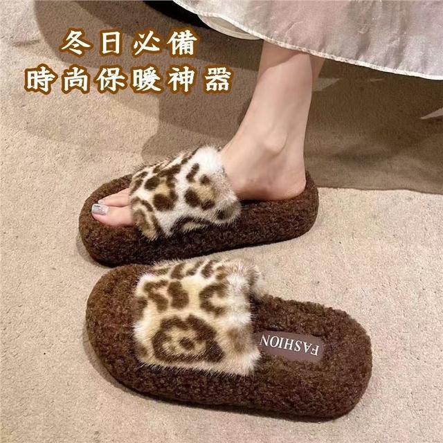 豹紋厚底毛毛拖鞋