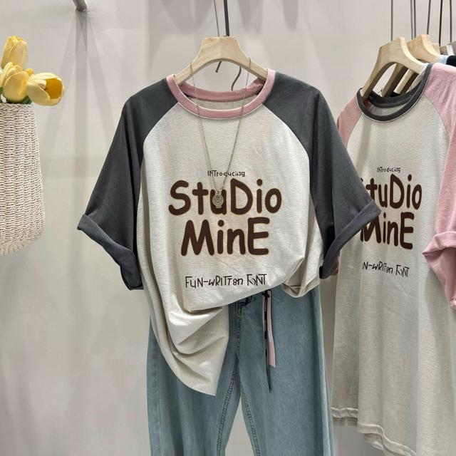 夏季大碼多巴胺撞色寬鬆短袖上衣(預購)